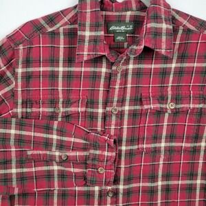 Eddie Bauer Flannel‎ Shirt Mens Large Red Plaid Button Up Long Sleeve Cotton Y2K